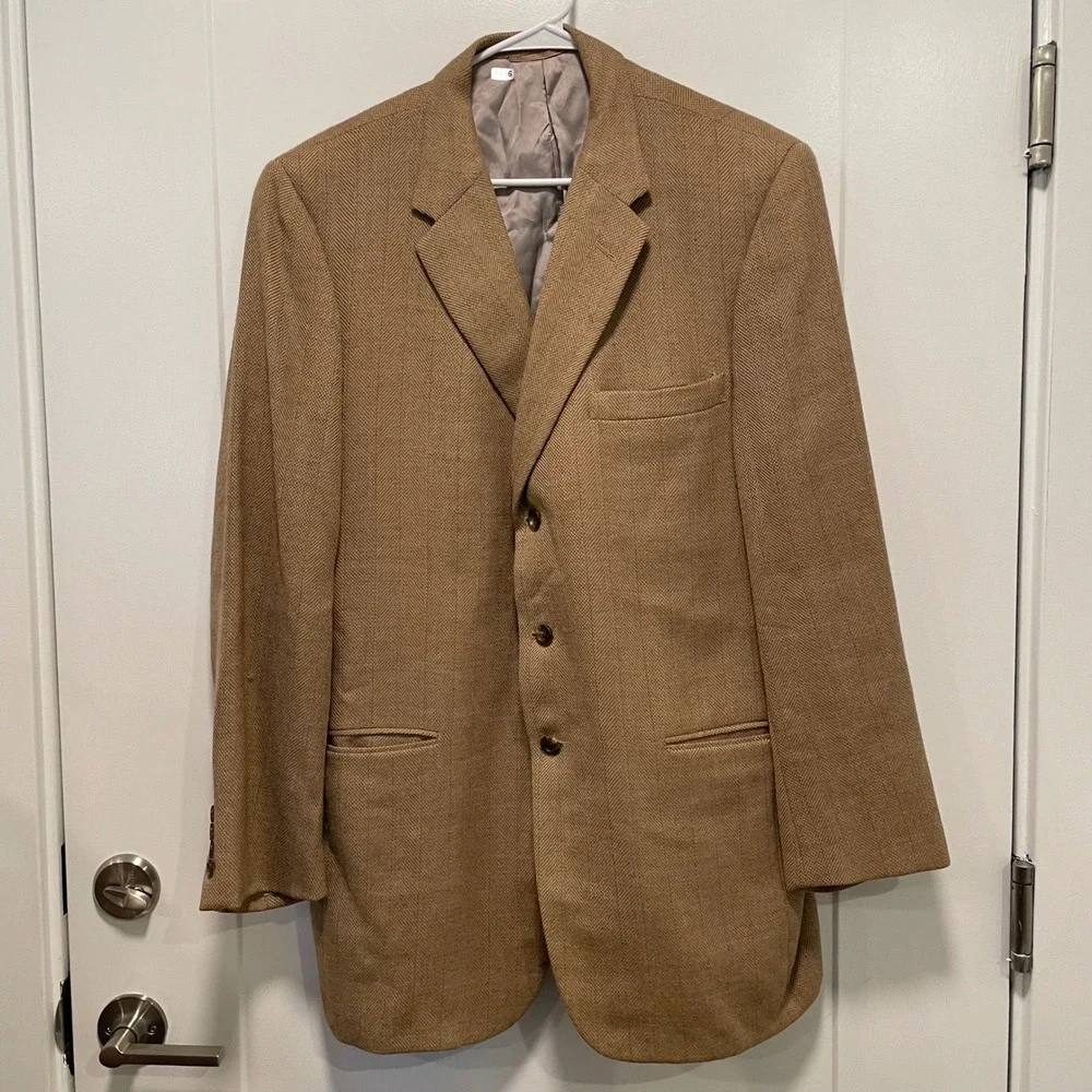 Richard Bennett Mens Tan Herringbone Custom Tailored 3-Button Blazer Sport Coat
